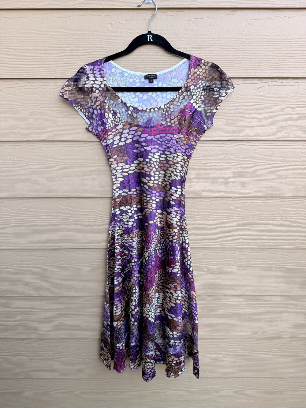Komarov Purple Print Crinkle Mesh Lace Cap Sleeve A-Line Dress Size S